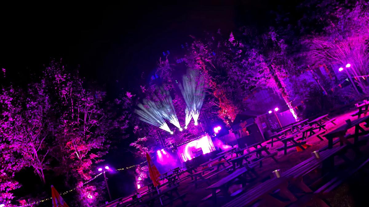 Live music in the garden at night, spark fountains firing above the stage and picnic benches lit in purple.