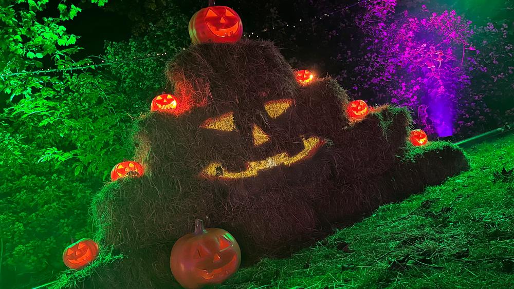 A giant jack-o'-lantern face built from hay bales and lit from within, surrounded by carved pumpkins in the garden.
